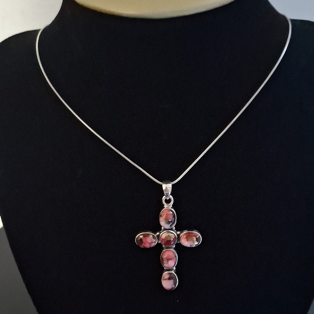 ROSE DAHLIA TURQUOISE CROSS PENDANT 925 STERLING SILVER